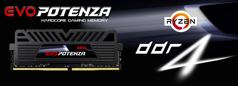  Front view of the GeIL EVO POTENZA memory in black heat spreader, and around it are logo of EVO POTENZA, logo of Ryzen, and styled texts reading as “DDR4” 